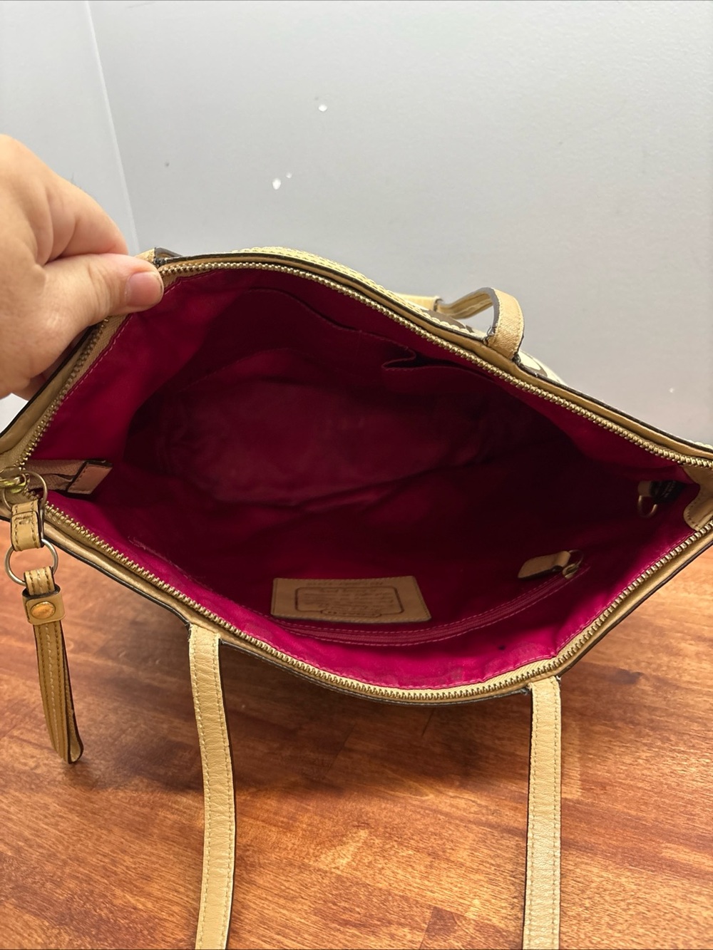 Coach Khaki Signature Canvas Tote with Gold Trim - Picture 14 of 16